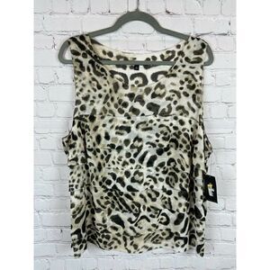 CHAUS animal leopard ruffles brown beige sleeveless top blouse XL NWT